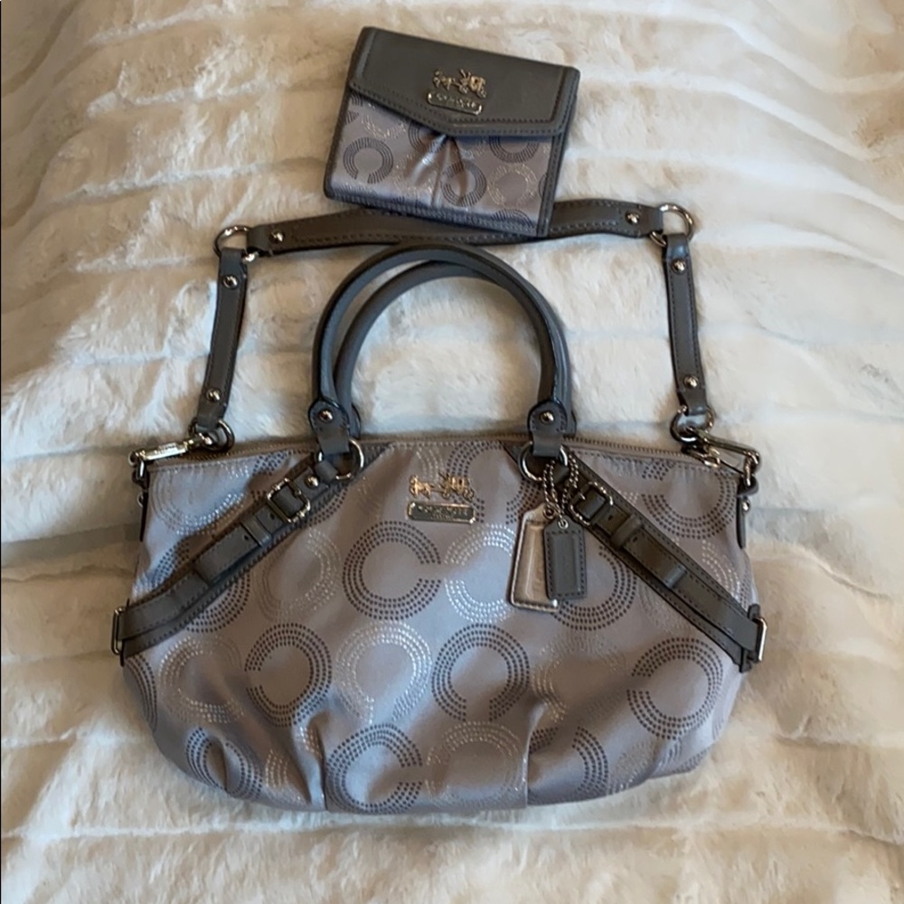Coach gray & silver shoulder bag & matching wallet
